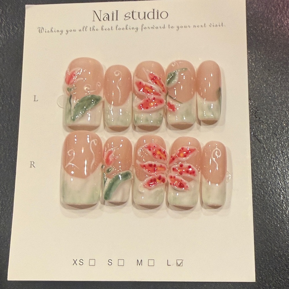 Floral french tip style Press-On Nails - Pink and Green